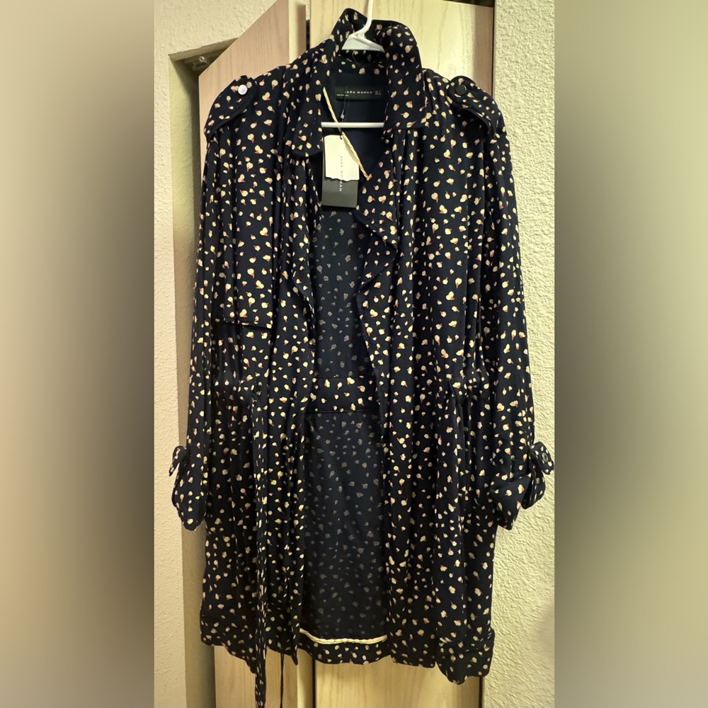 Zara Navy Trench Coat with Cream Heart Print